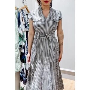 Whitehouse Gray & White Market Seersucker Utility Midi Dress Belted Pockets Sz 2